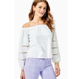 Lilly Pulitzer White Katt Puff Sleeve Off The Shoulder Blouse Preppy Resort Wear